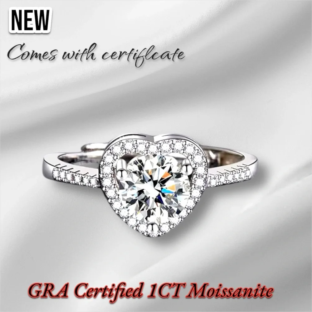 New Sterling Silver S925 GRA Certified 1CT Moissanite Adjustable Ring VVS1 - Picture 1 of 17